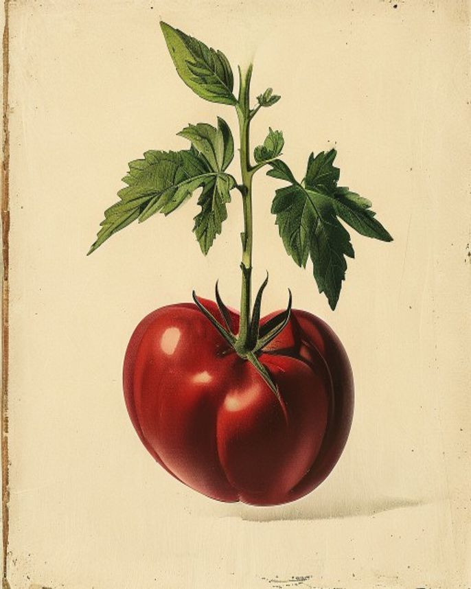 Vintage botanical illustration of a Cherokee Purple heirloom tomato