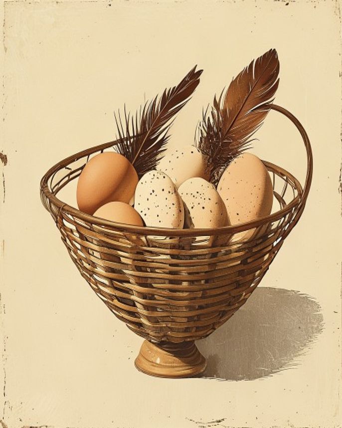 Vintage illustration of a wire basket of speckled eggs